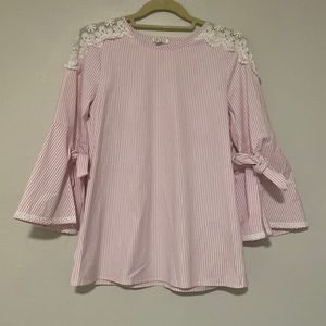 SPENSE Beautiful Lace Striped Tie Butterfly Sleeve Blouse - Size S
